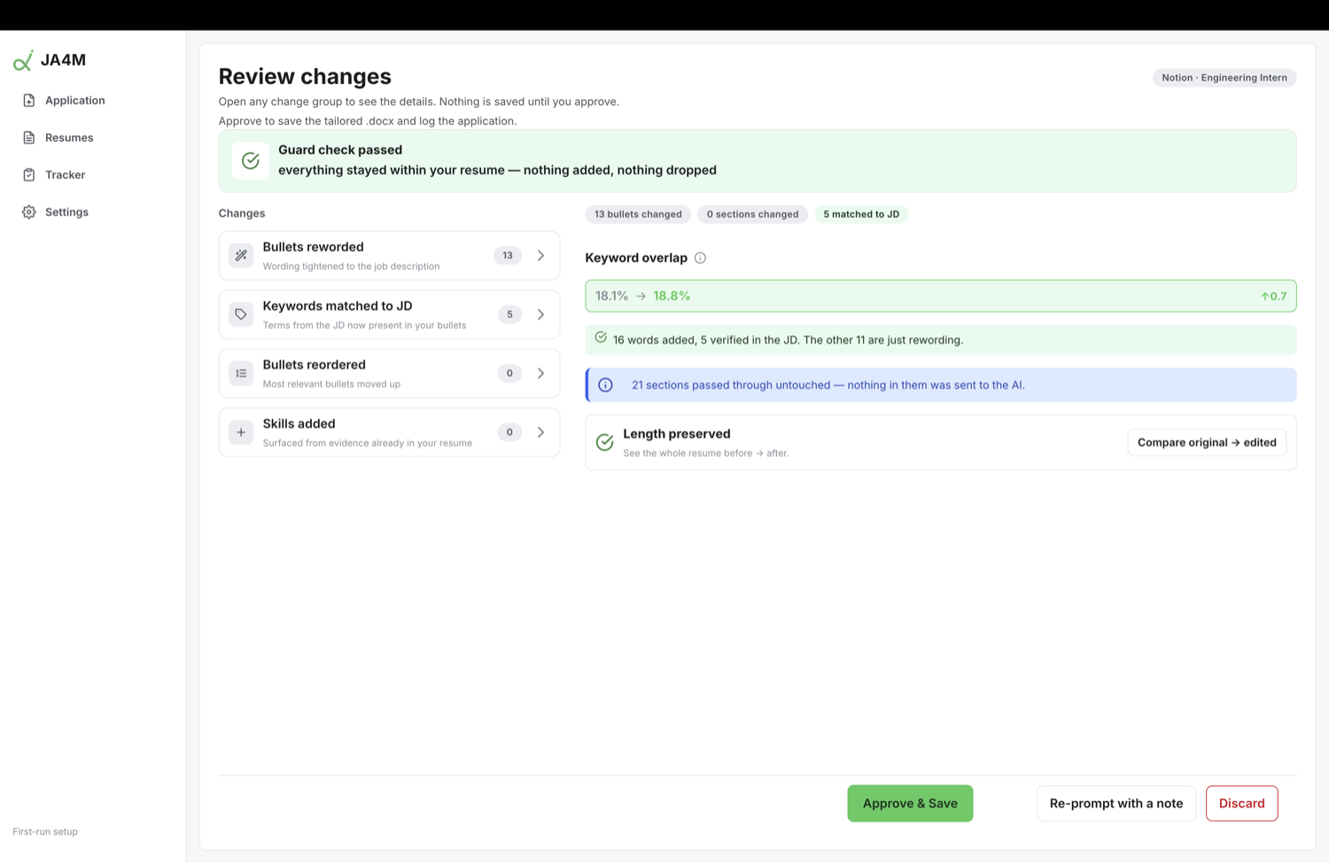 JA4M review-changes screen: a guard check confirms nothing was added or dropped, with keyword overlap improving from 18.1 to 18.8 percent.