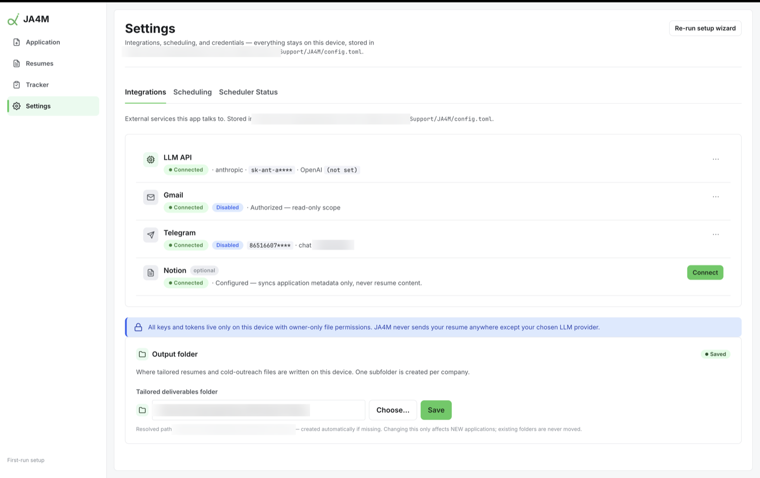 JA4M settings: integrations and credentials stored only on your device, with a note that JA4M never sends your resume anywhere except your chosen provider.
